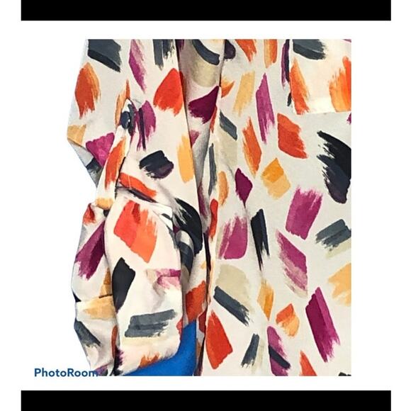 Anne Klein Novelty Print Mandarin Neck Blouse Medium Silver Buttons - Picture 3 of 14